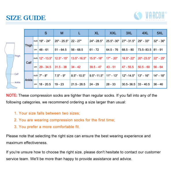 Varcoh Compression socks Size Guide