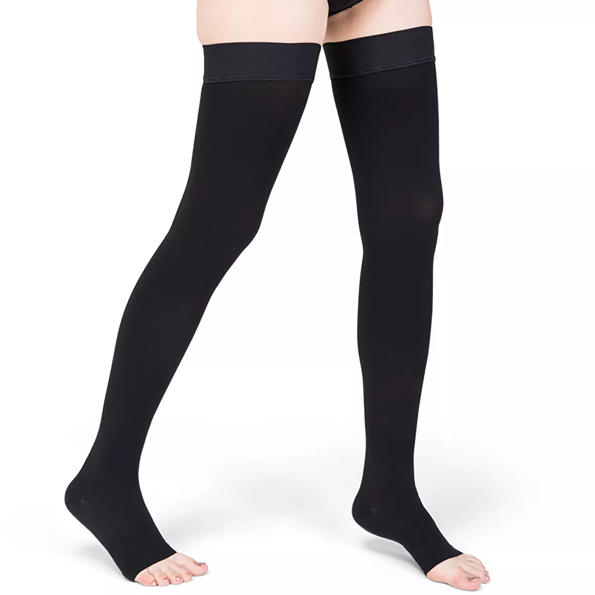 8-15 mmHg Women Thigh High Open Toe Compression Socks Black